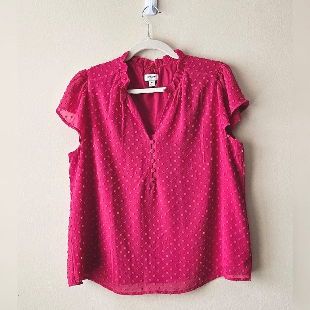 J. Crew Dotted Pink Button Up V-Neck Blouse (M)